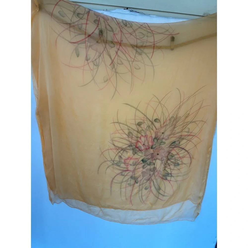 Unbranded Scarf Hand Painted Floral Sheer Chiffon Womens Large Orange Excellent